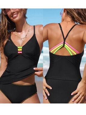 NWT CUPSHE Size Medium - Black Women’s V-Neck Tankini with Neon Strap Detail
